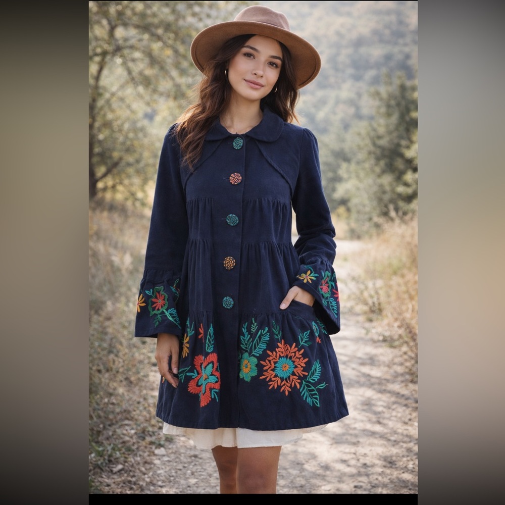 Judith March Floral Embroidered Navy Coat. Tiered | Velour | Boho | Women’s Sz-S